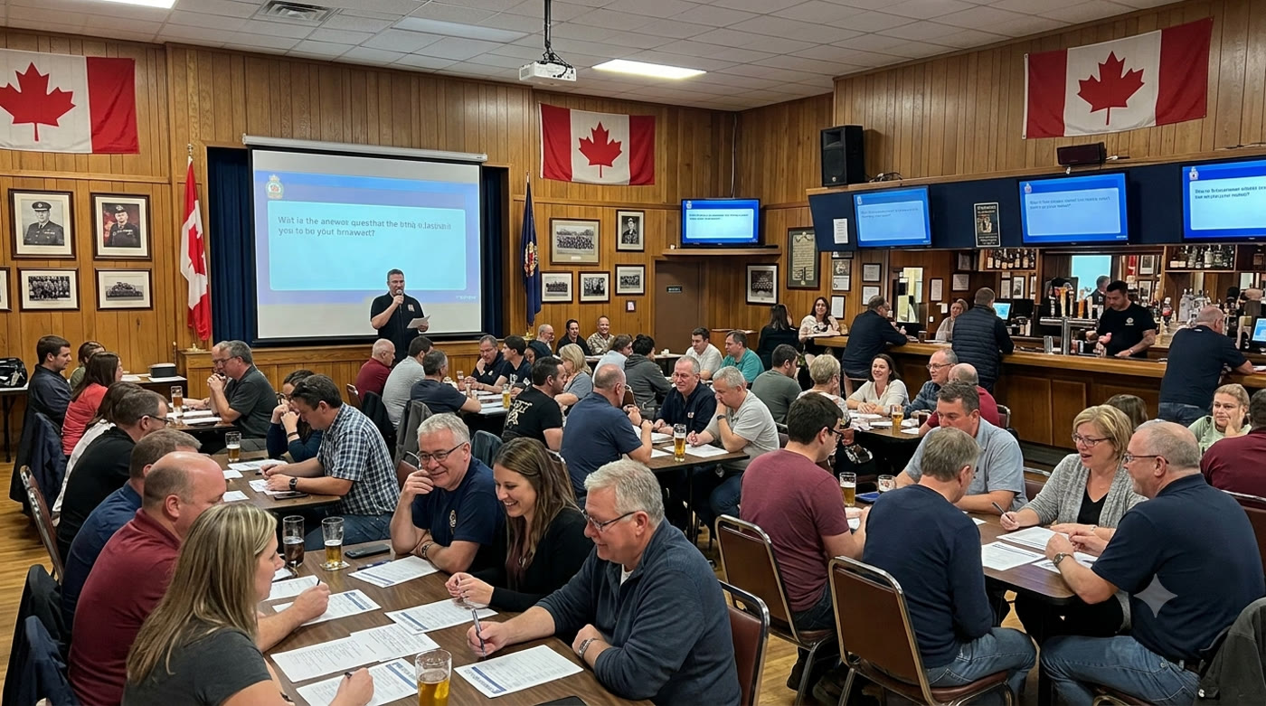 Canadian community hall with tables, flags, and a projection screen